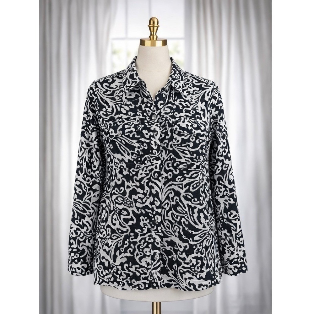 Charter Club Linen Button Down Blouse‎ Size 14 Black White Abstract Swirl Shirt